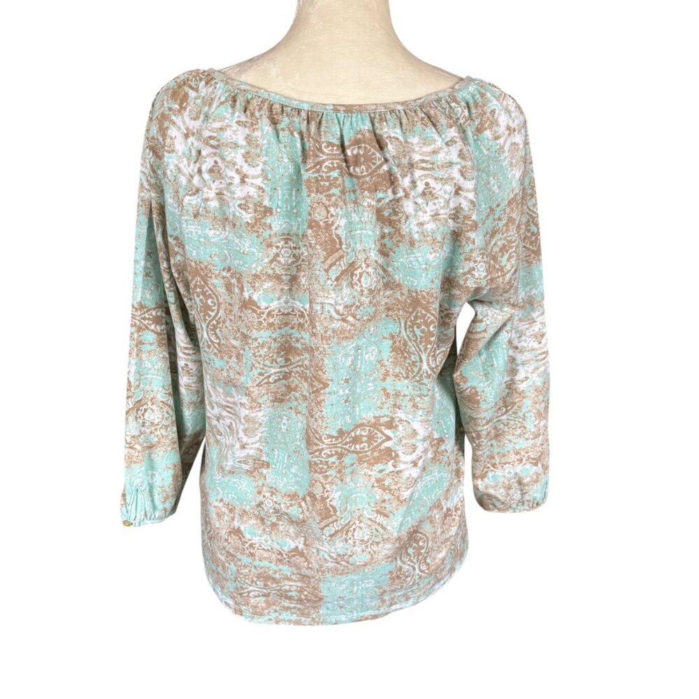 Hannah women's patterned pullover top 3/4 sleeve light teal and brown small - Picture 4 of 10